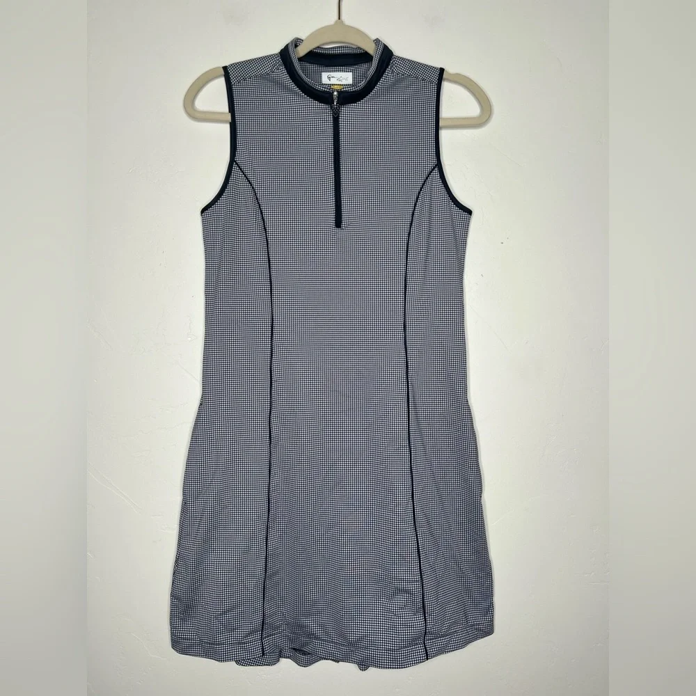 Greg Norman Womens Arielle Sleeveless Zip Golf Dress Size Small Navy Gingham - Picture 1 of 10